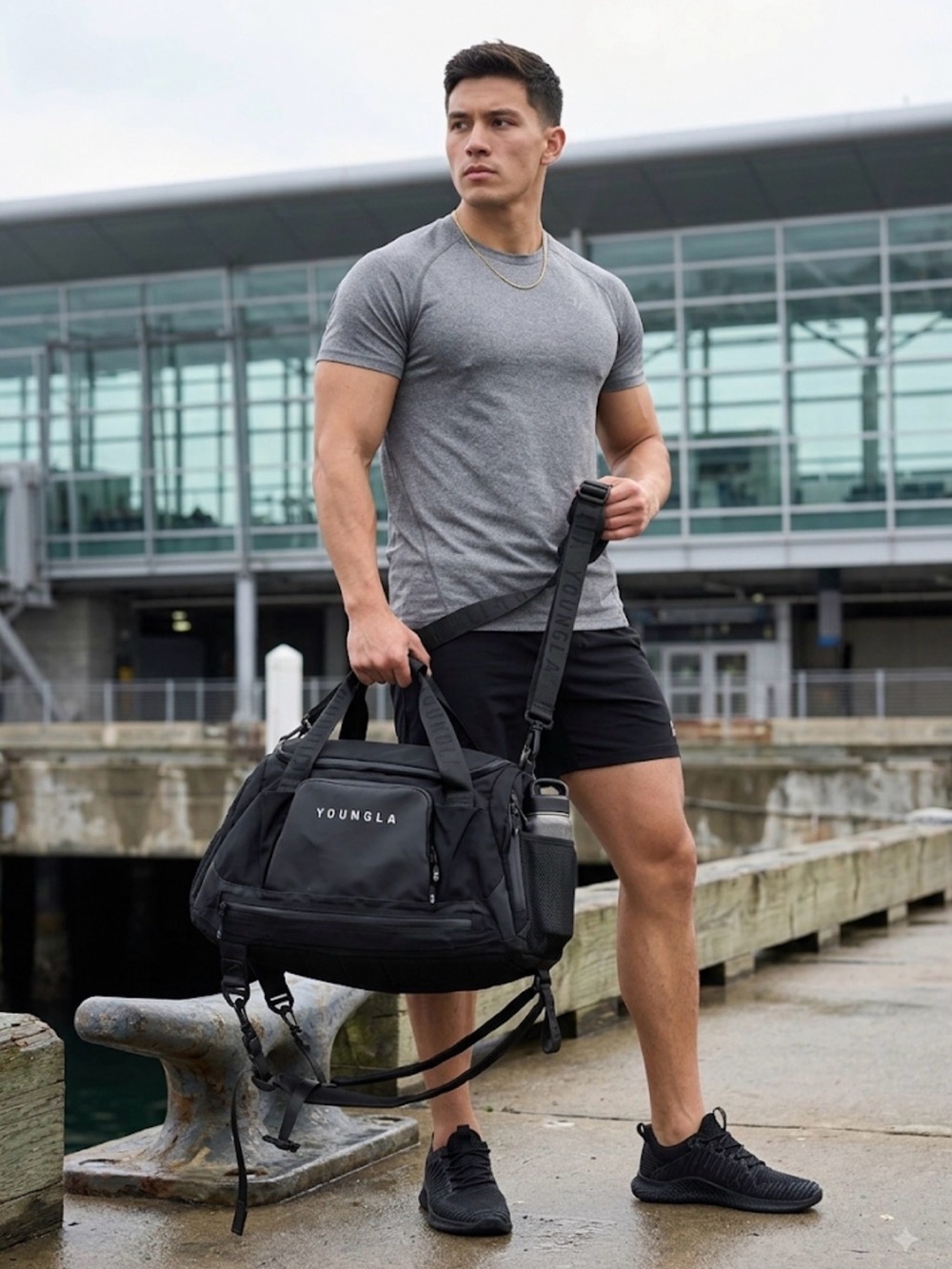 YoungLA Black Duffel Bag with Removable Shoulder Strap